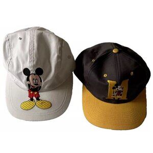 Two Mickey Mouse Baseball Caps White & Black Embroidered Yellow Bill Adjustable